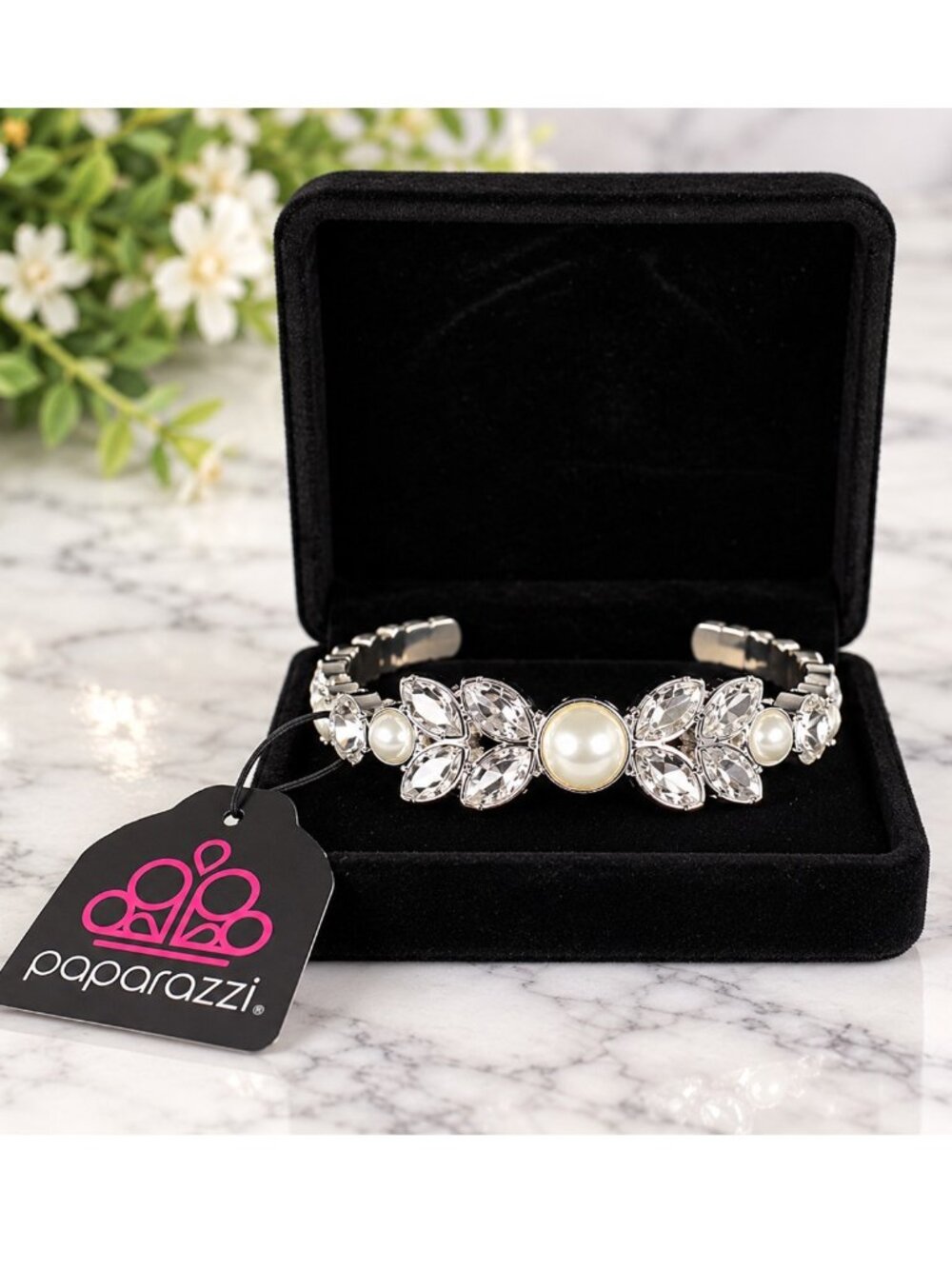 Paparazzi Silver Tone Rhinestone Faux Pearl Floral Cuff Bracelet NWT
